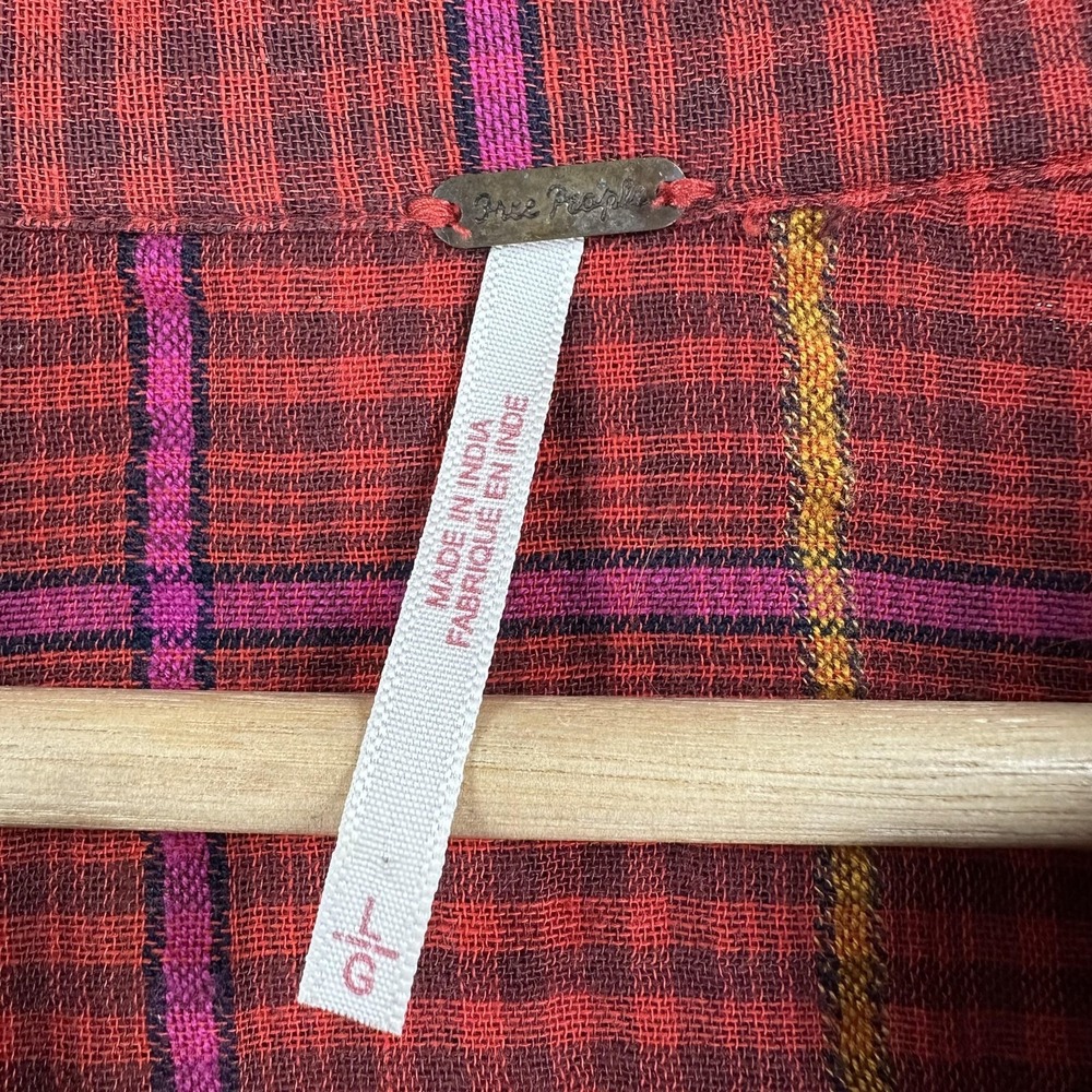 Free People Break My Stride Button Up Shirt Womens Large Red Plaid Long Sleeve - Picture 4 of 15